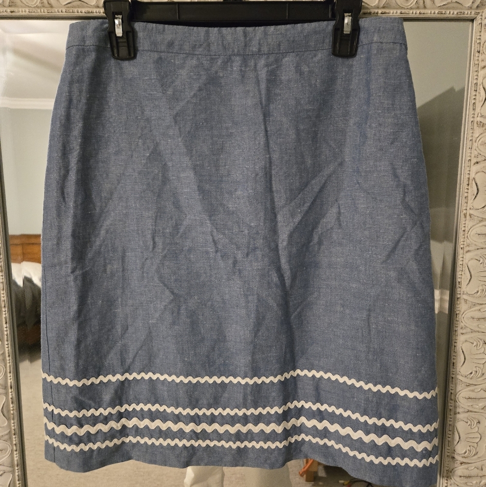 Ann Taylor Blue Linen A-Line Skirt with White Ric Rac Ribbon Trim EUC